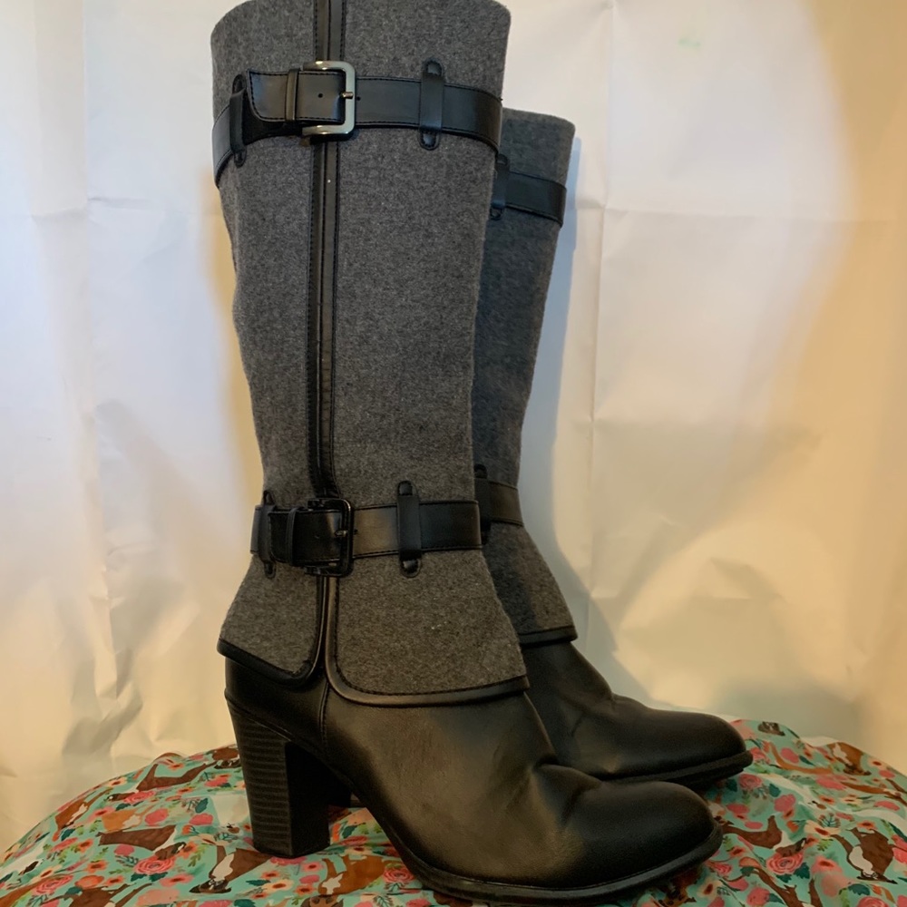 Stylish Gray Mid-Calf Heeled Boots with Buckle Detail